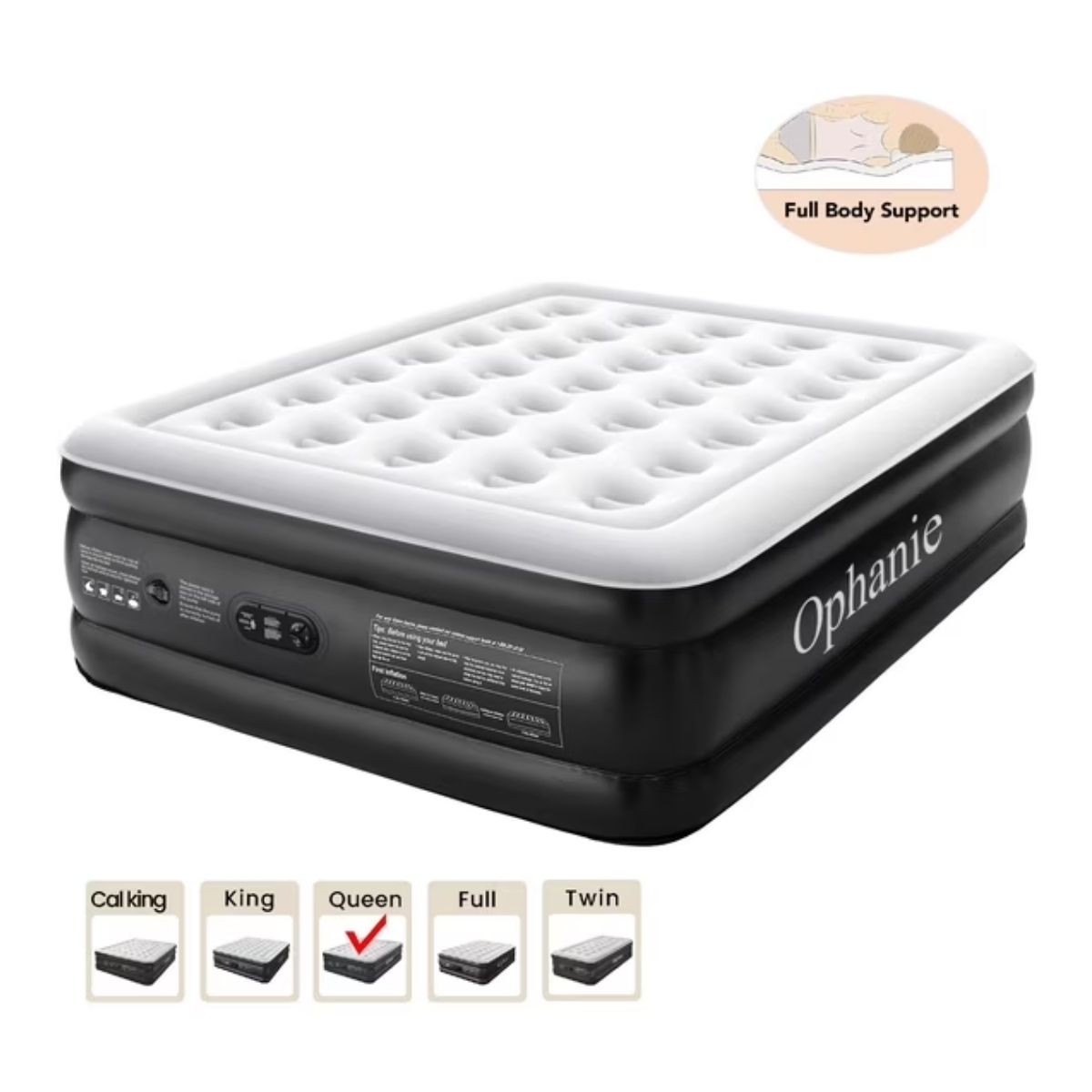 Ophanie Queen Air Mattress, 18-Inch Elevated Inflatable Bed with Built-in Pump, Puncture-Resistant, Quick Inflation/Deflation, Portable for camping & Guests, Black