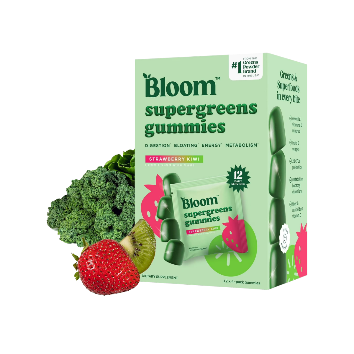 Bloom Nutrition Super Greens Gummies, Strawberry Kiwi, 12 - 4 Pack Pouches