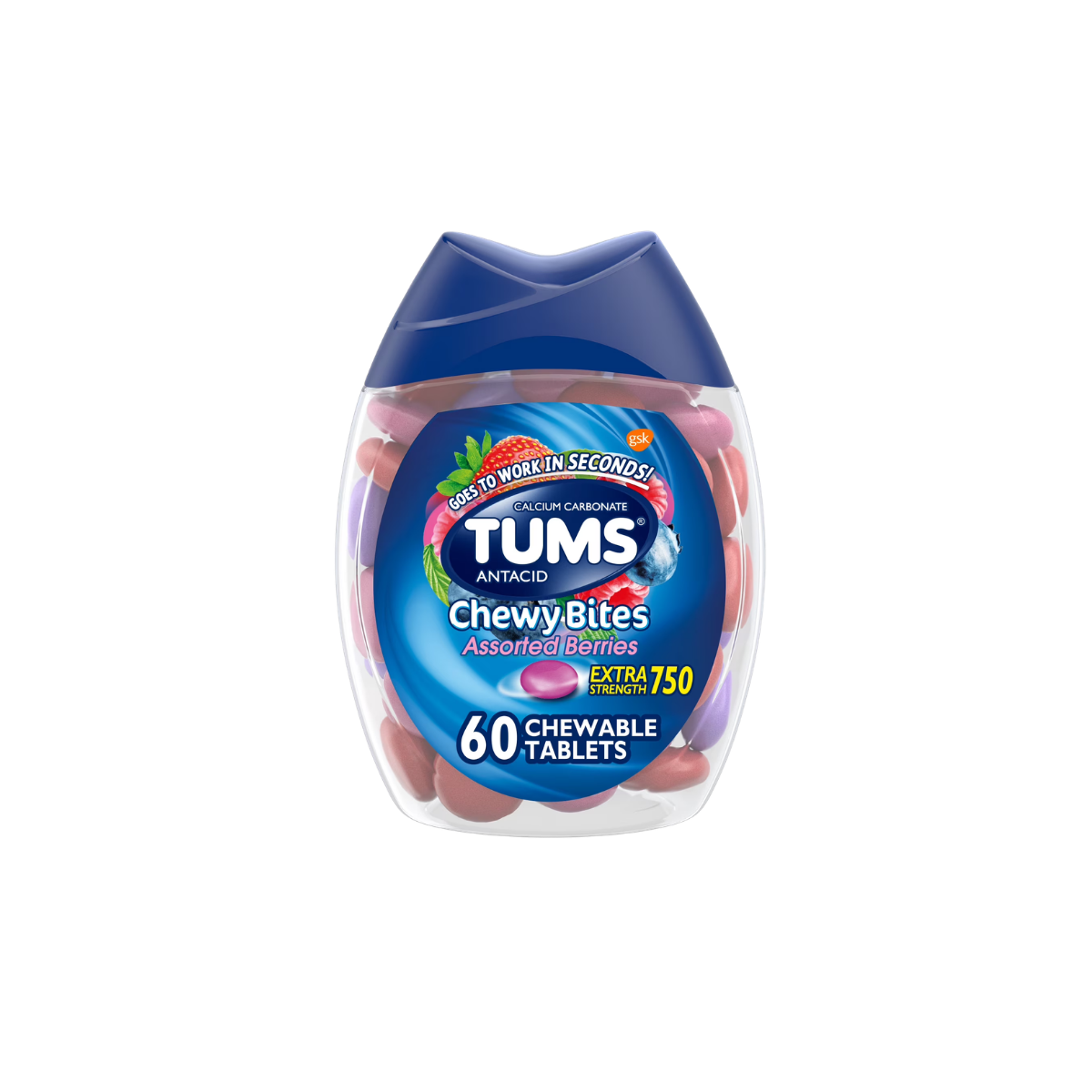 Tums Chewy Bites Heartburn Relief Chewable Antacid Tablets, Berry, 60 Ct
